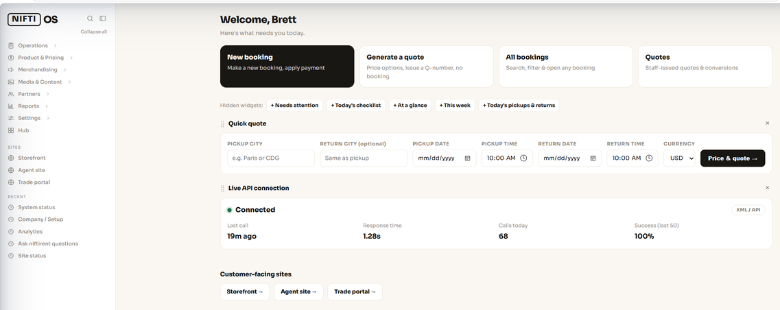 The niftiOS console: bookings, quotes and a live supplier connection in one place.