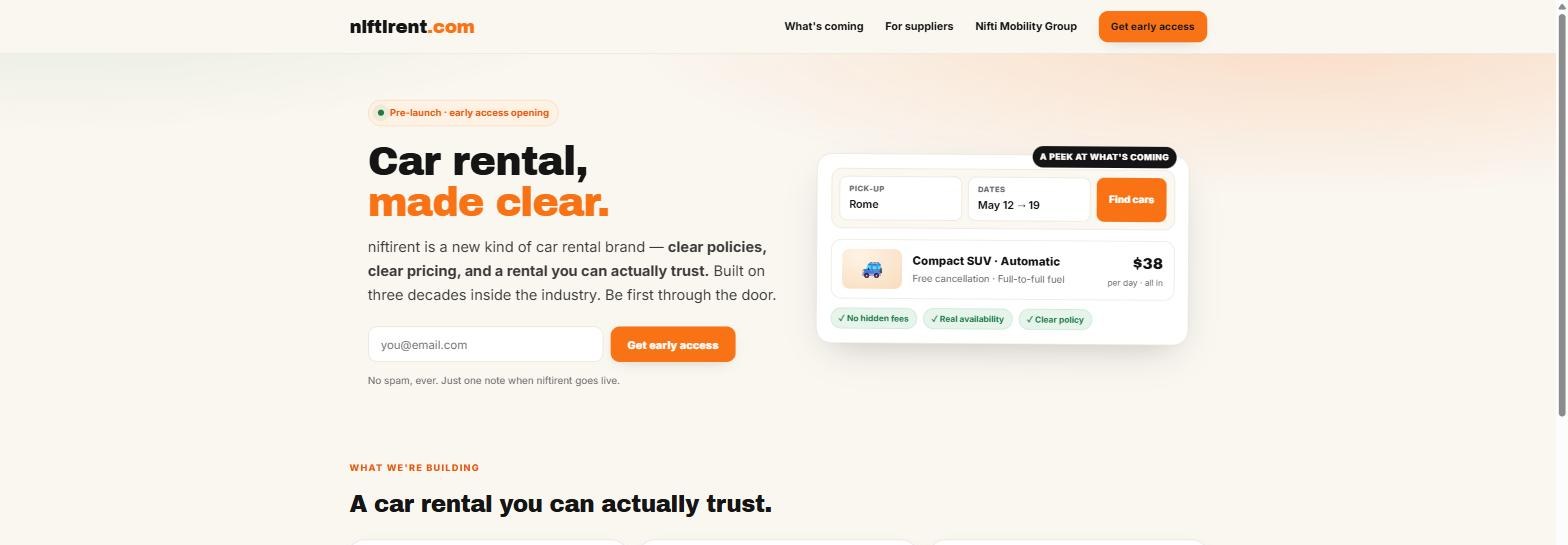 The niftirent.com coming-soon page as it looks today.