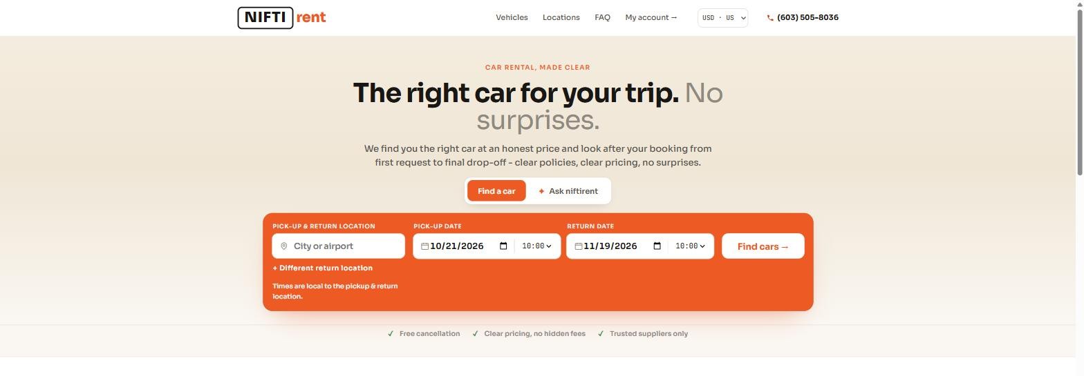 The full niftirent.com booking site, about to go live: clear pricing, trusted suppliers.